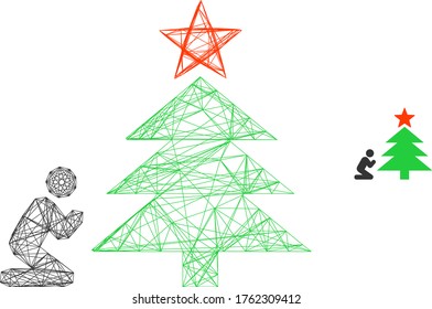 Web mesh vector icon. Flat 2d carcass created from pray to christmas tree pictogram. Abstract carcass mesh polygonal pray to christmas tree.