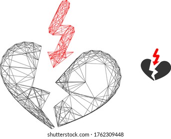 Web mesh vector icon. Flat 2d carcass created from breakup heart pictogram. Abstract carcass mesh polygonal breakup heart. Net carcass 2D mesh in vector format, on a white background.