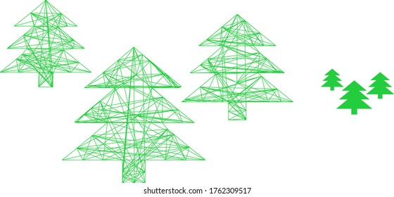 Web mesh vector icon. Flat 2d carcass created from fir tree forest pictogram. Abstract carcass mesh polygonal fir tree forest. Linear carcass 2D mesh in eps vector format,
