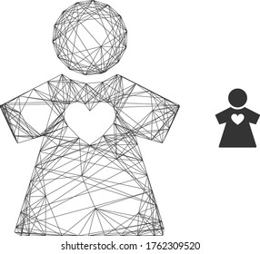 Web mesh vector icon. Flat 2d model created from girlfriend pictogram. Abstract frame mesh polygonal girlfriend. Wire frame 2D mesh in vector format, on a white background.
