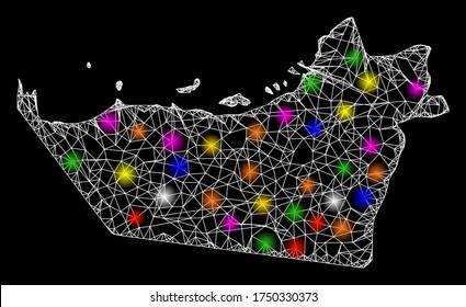 Web mesh vector map of Abu Dhabi Emirate with glare effect on a black background. Abstract lines, light spots and spheric points form map of Abu Dhabi Emirate constellation.