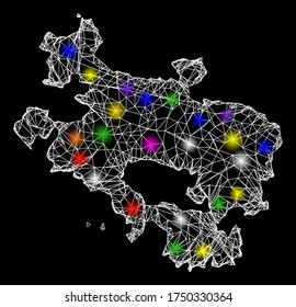 Web mesh vector map of Alava Province with glare effect on a black background. Abstract lines, light spots and dots form map of Alava Province constellation.