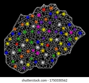 Web mesh vector map of Alegranza Island with glare effect on a black background. Abstract lines, light spots and dots form map of Alegranza Island constellation.