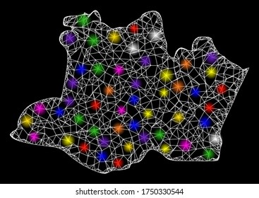 Web mesh vector map of Amazonas State with glare effect on a black background. Abstract lines, light spots and small circles form map of Amazonas State constellation.