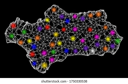 Web mesh vector map of Andalusia Province with glare effect on a black background. Abstract lines, light spots and circle dots form map of Andalusia Province constellation.