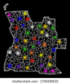 Web mesh vector map of Angola with glare effect on a black background. Abstract lines, light spots and dots form map of Angola constellation.