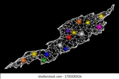 Web mesh vector map of Anguilla Island with glare effect on a black background. Abstract lines, light spots and circle dots form map of Anguilla Island constellation.