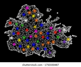 Web mesh vector map of Antigua Island with glare effect on a black background. Abstract lines, light spots and small circles form map of Antigua Island constellation.