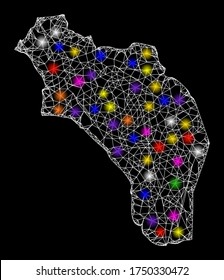 Web mesh vector map of Argentina - La Rioja with glare effect on a black background. Abstract lines, light spots and circle dots form map of Argentina - La Rioja constellation.