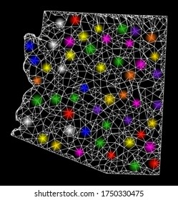 Web mesh vector map of Arizona State with flare effect on a black background. Abstract lines, light spots and small circles form map of Arizona State constellation.