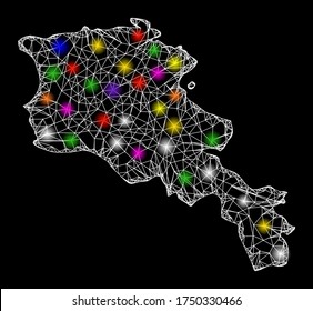 Web mesh vector map of Armenia with flare effect on a black background. Abstract lines, light spots and spheric points form map of Armenia constellation.