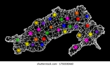 Mapa vectorial de malla web del estado de Arunachal Pradesh con efecto brillante en un fondo negro. Líneas abstractas, puntos de luz y puntos esféricos forman el mapa de la constelación del Estado de Arunachal Pradesh.