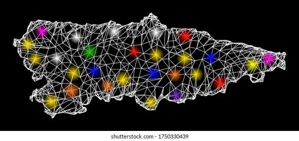 Web mesh vector map of Asturias Province with flare effect on a black background. Abstract lines, light spots and spheric points form map of Asturias Province constellation.