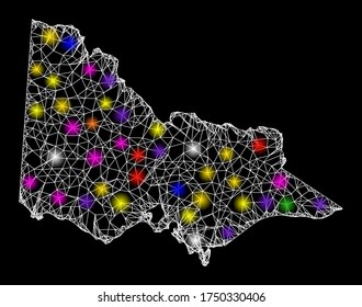 Web mesh vector map of Australian Victoria with glare effect on a black background. Abstract lines, light spots and spheric points form map of Australian Victoria constellation.