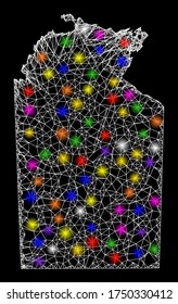 Web mesh vector map of Australian Northern Territory with glare effect on a black background. Abstract lines, light spots and dots form map of Australian Northern Territory constellation.