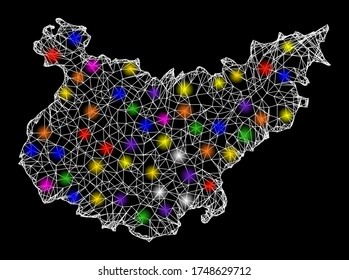 Web mesh vector map of Badajoz Province with glare effect on a black background. Abstract lines, light spots and spheric points form map of Badajoz Province constellation.