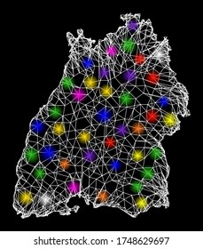 Web mesh vector map of Baden-Wurttemberg State with glare effect on a black background. Abstract lines, light spots and points form map of Baden-Wurttemberg State constellation.