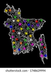 Web mesh vector map of Bangladesh with glare effect on a black background. Abstract lines, light spots and circle dots form map of Bangladesh constellation.