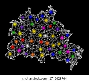 Web mesh vector map of Berlin City with glare effect on a black background. Abstract lines, light spots and dots form map of Berlin City constellation.