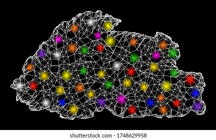 Web mesh vector map of Bhutan with glare effect on a black background. Abstract lines, light spots and spheric points form map of Bhutan constellation.