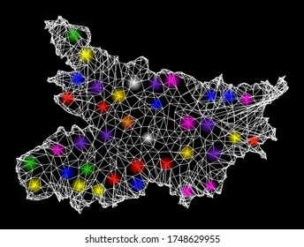 Web mesh vector map of Bihar State with glare effect on a black background. Abstract lines, light spots and spheric points form map of Bihar State constellation.