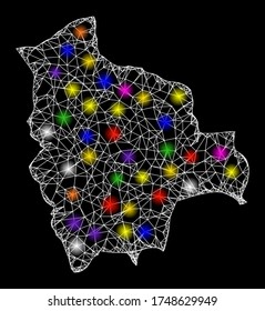 Web mesh vector map of Bolivia with glare effect on a black background. Abstract lines, light spots and circle dots form map of Bolivia constellation.