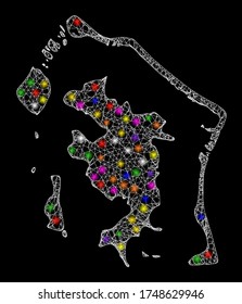 Web mesh vector map of Bora-Bora with glare effect on a black background. Abstract lines, light spots and small circles form map of Bora-Bora constellation.