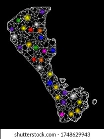 Web mesh vector map of Boracay Island with glare effect on a black background. Abstract lines, light spots and points form map of Boracay Island constellation.