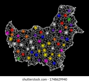 Web mesh vector map of Borneo Island with glare effect on a black background. Abstract lines, light spots and small circles form map of Borneo Island constellation.