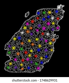 Web mesh vector map of Bowen Island with glare effect on a black background. Abstract lines, light spots and points form map of Bowen Island constellation.