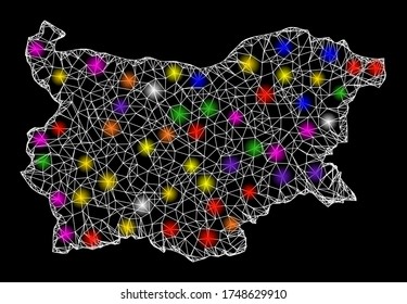 Web mesh vector map of Bulgaria with flare effect on a black background. Abstract lines, light spots and spheric points form map of Bulgaria constellation.