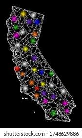 Web mesh vector map of California with glare effect on a black background. Abstract lines, light spots and spheric points form map of California constellation.