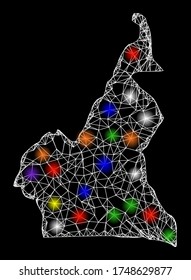 Web mesh vector map of Cameroon with glare effect on a black background. Abstract lines, light spots and spheric points form map of Cameroon constellation.