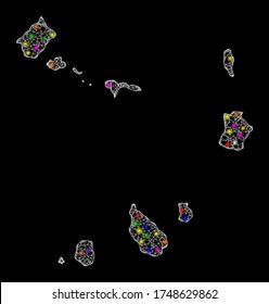 Web mesh vector map of Cape Verde Islands with flare effect on a black background. Abstract lines, light spots and circle dots form map of Cape Verde Islands constellation.