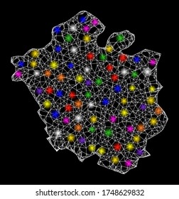 Web mesh vector map of Chandigarh City with glare effect on a black background. Abstract lines, light spots and small circles form map of Chandigarh City constellation.