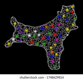 Web mesh vector map of Christmas Island with glare effect on a black background. Abstract lines, light spots and circle dots form map of Christmas Island constellation.