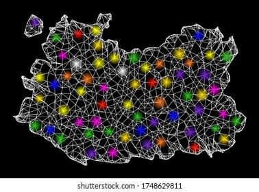 Web mesh vector map of Ciudad Real Province with flare effect on a black background. Abstract lines, light spots and spheric points form map of Ciudad Real Province constellation.