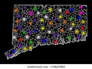 Web mesh vector map of Connecticut State with glare effect on a black background. Abstract lines, light spots and spheric points form map of Connecticut State constellation.