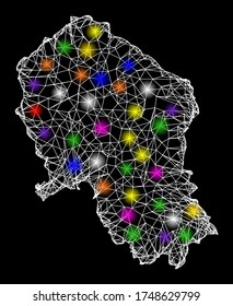 Web mesh vector map of Cordoba Spanish Province with flare effect on a black background. Abstract lines, light spots and small circles form map of Cordoba Spanish Province constellation.