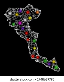 Web mesh vector map of Corfu Island with glare effect on a black background. Abstract lines, light spots and circle dots form map of Corfu Island constellation.