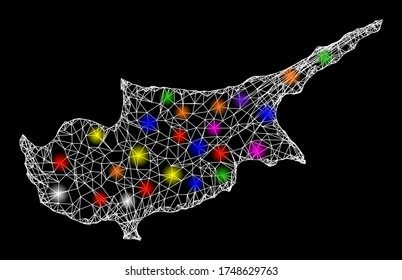 Web mesh vector map of Cyprus Island with glare effect on a black background. Abstract lines, light spots and circle dots form map of Cyprus Island constellation.