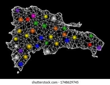 Web mesh vector map of Dominican Republic with glare effect on a black background. Abstract lines, light spots and small circles form map of Dominican Republic constellation.