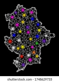 Web mesh vector map of Donetsk Republic with glare effect on a black background. Abstract lines, light spots and spheric points form map of Donetsk Republic constellation.