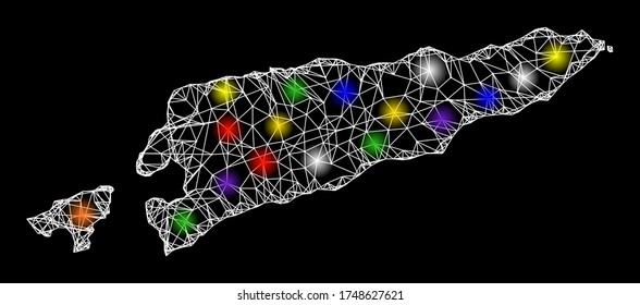 Web mesh vector map of East Timor with glare effect on a black background. Abstract lines, light spots and small circles form map of East Timor constellation.