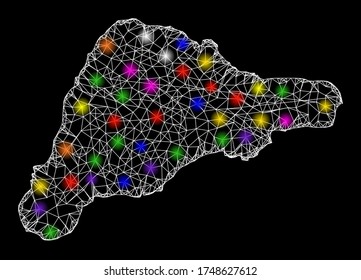 Web mesh vector map of Easter Island with glare effect on a black background. Abstract lines, light spots and dots form map of Easter Island constellation.