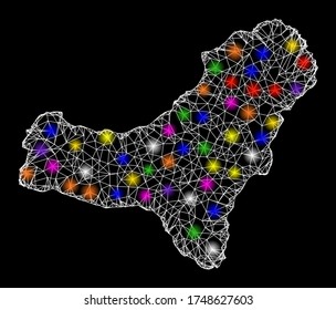 Web mesh vector map of El Hierro Island with glare effect on a black background. Abstract lines, light spots and dots form map of El Hierro Island constellation.