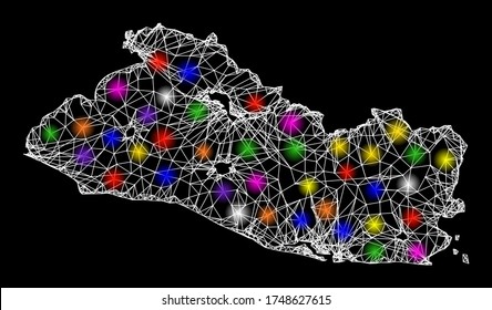 Web mesh vector map of El Salvador with glitter effect on a black background. Abstract lines, light spots and small circles form map of El Salvador constellation.