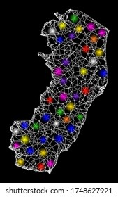 Web mesh vector map of Espirito Santo State with glitter effect on a black background. Abstract lines, light spots and small circles form map of Espirito Santo State constellation.