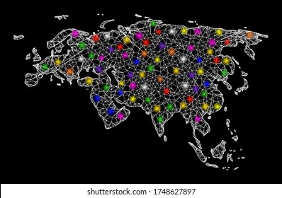 Web mesh vector map of Europe and Asia with glow effect on a black background. Abstract lines, light spots and small circles form map of Europe and Asia constellation.