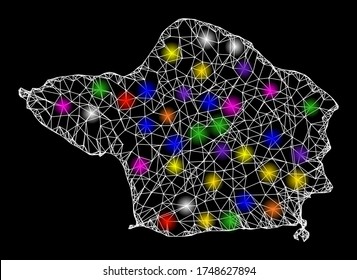 Web mesh vector map of Faial Island with glare effect on a black background. Abstract lines, light spots and small circles form map of Faial Island constellation.